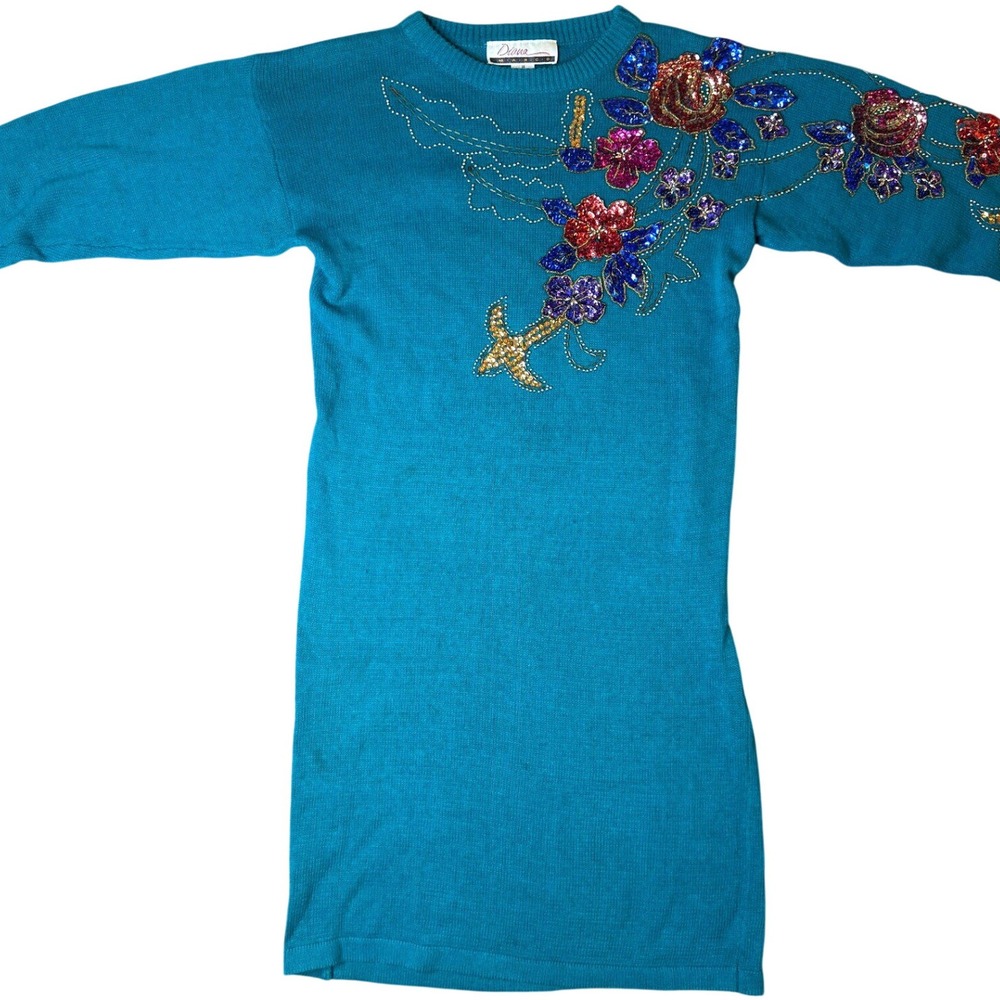 Diana Marco Vintage Teal Sequin Floral Knit Sweater Dress Ramie Cotton Size 14